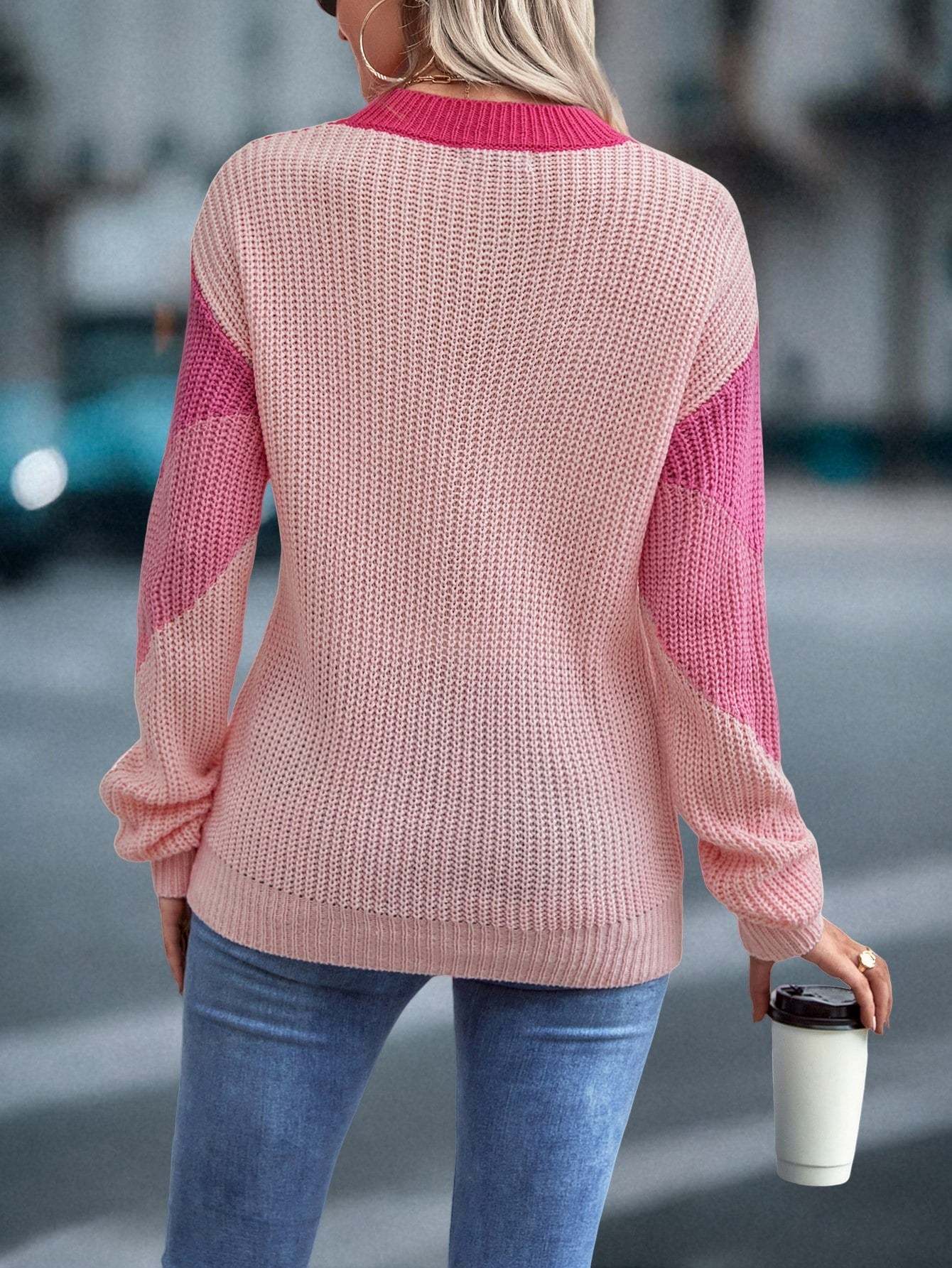 Women's 2024 Sweater Regular Fit Colorblock Pattern Drop Shoulder Sweater Long Sleeve Round Neck Casual Knit Jumper Tops