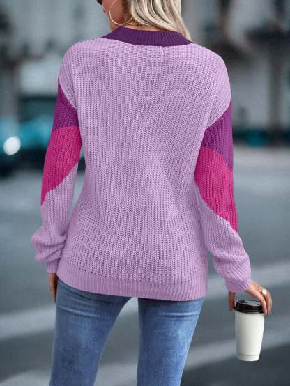 Women's 2024 Sweater Regular Fit Colorblock Pattern Drop Shoulder Sweater Long Sleeve Round Neck Casual Knit Jumper Tops