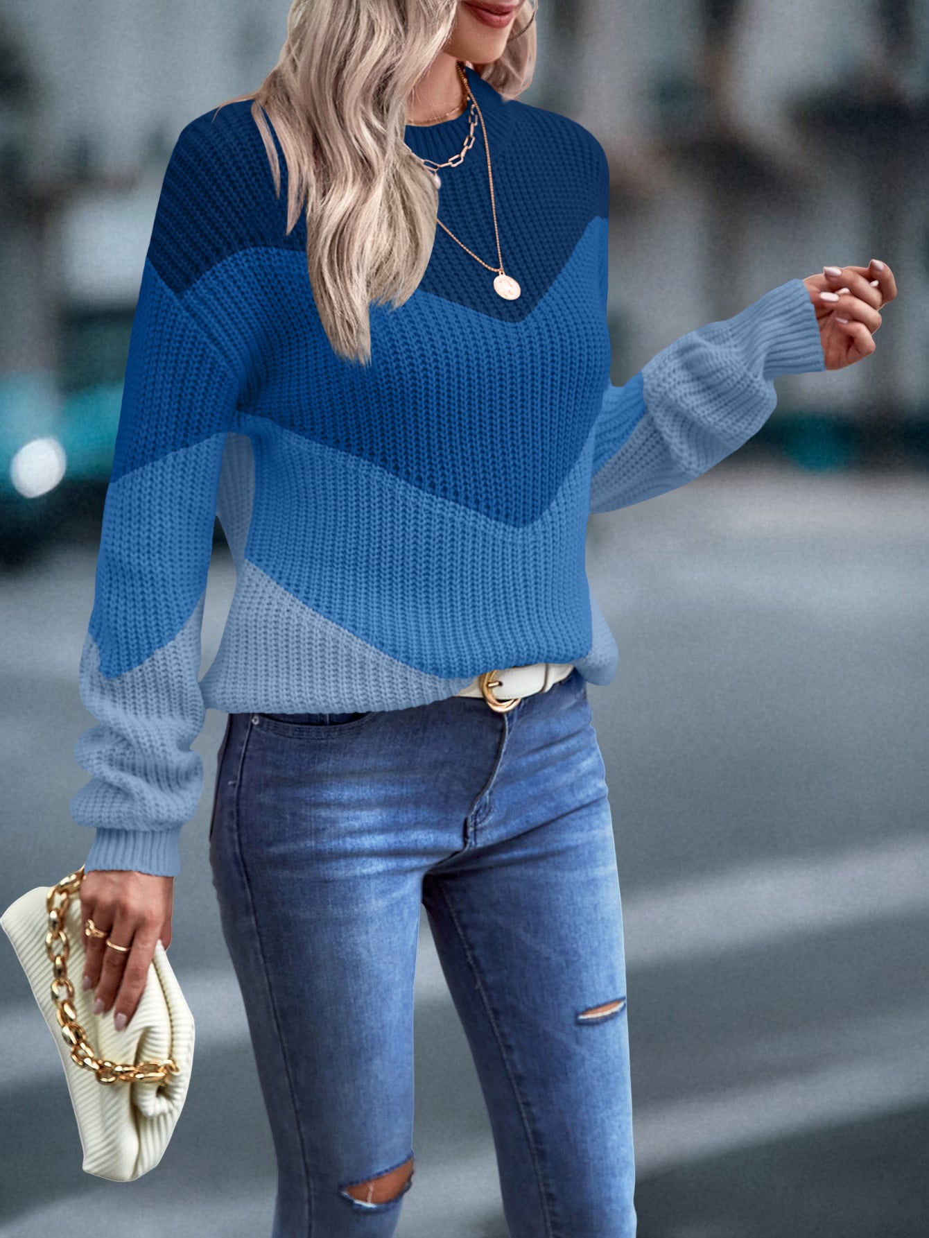 Women's 2024 Sweater Regular Fit Colorblock Pattern Drop Shoulder Sweater Long Sleeve Round Neck Casual Knit Jumper Tops