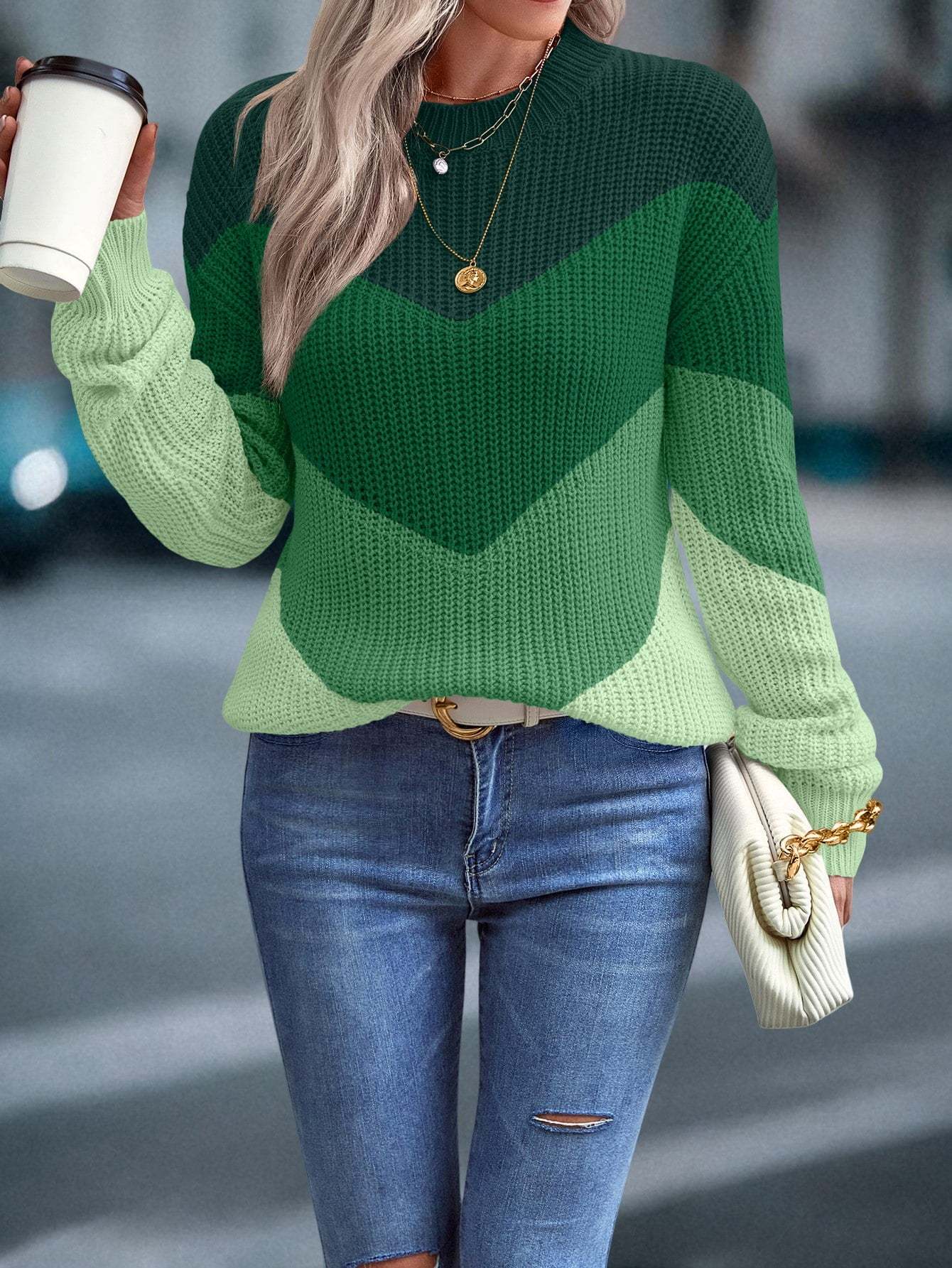 Women's 2024 Sweater Regular Fit Colorblock Pattern Drop Shoulder Sweater Long Sleeve Round Neck Casual Knit Jumper Tops