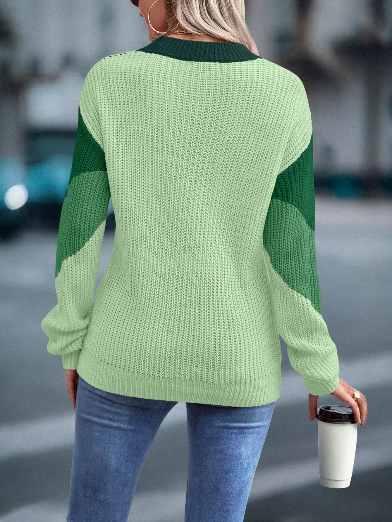 Women's 2024 Sweater Regular Fit Colorblock Pattern Drop Shoulder Sweater Long Sleeve Round Neck Casual Knit Jumper Tops