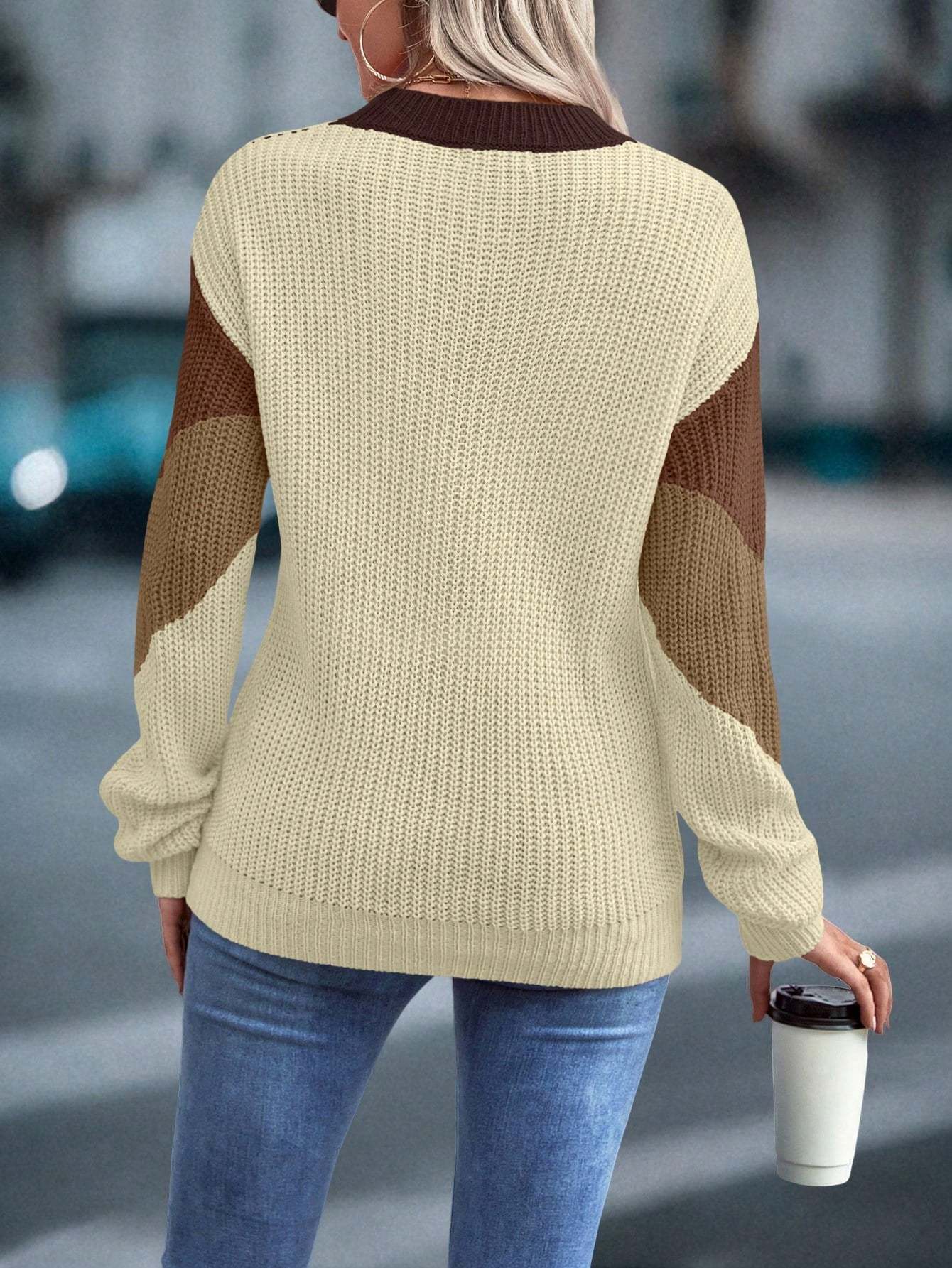 Women's 2024 Sweater Regular Fit Colorblock Pattern Drop Shoulder Sweater Long Sleeve Round Neck Casual Knit Jumper Tops