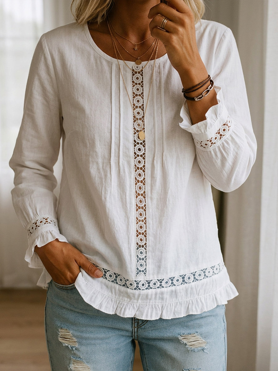 Casual Patchwork Lace Trim Top