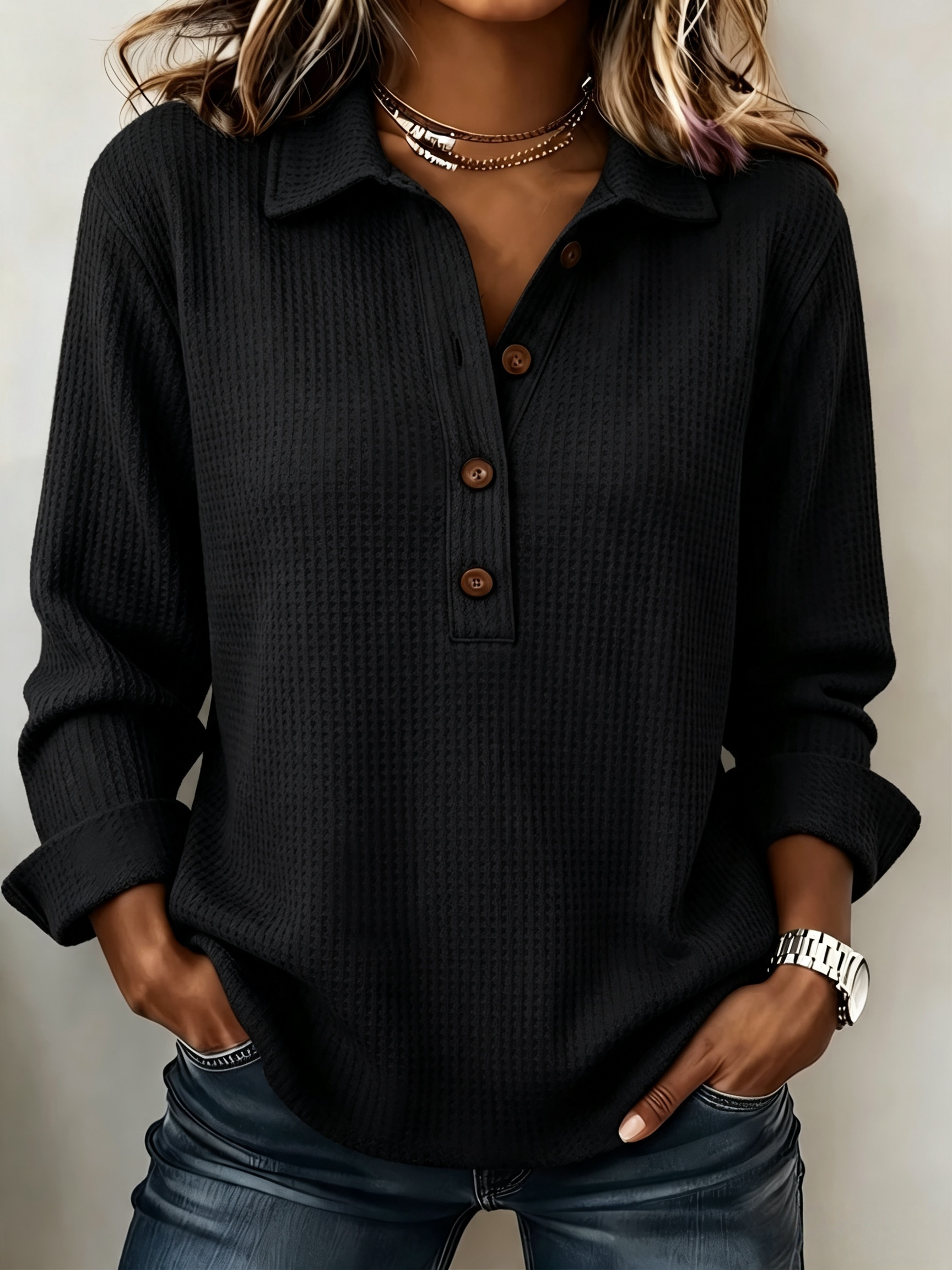 CLEARANCE SALE🔥Women's Cozy Casual Lapel Collar Waffle Knit Pullover