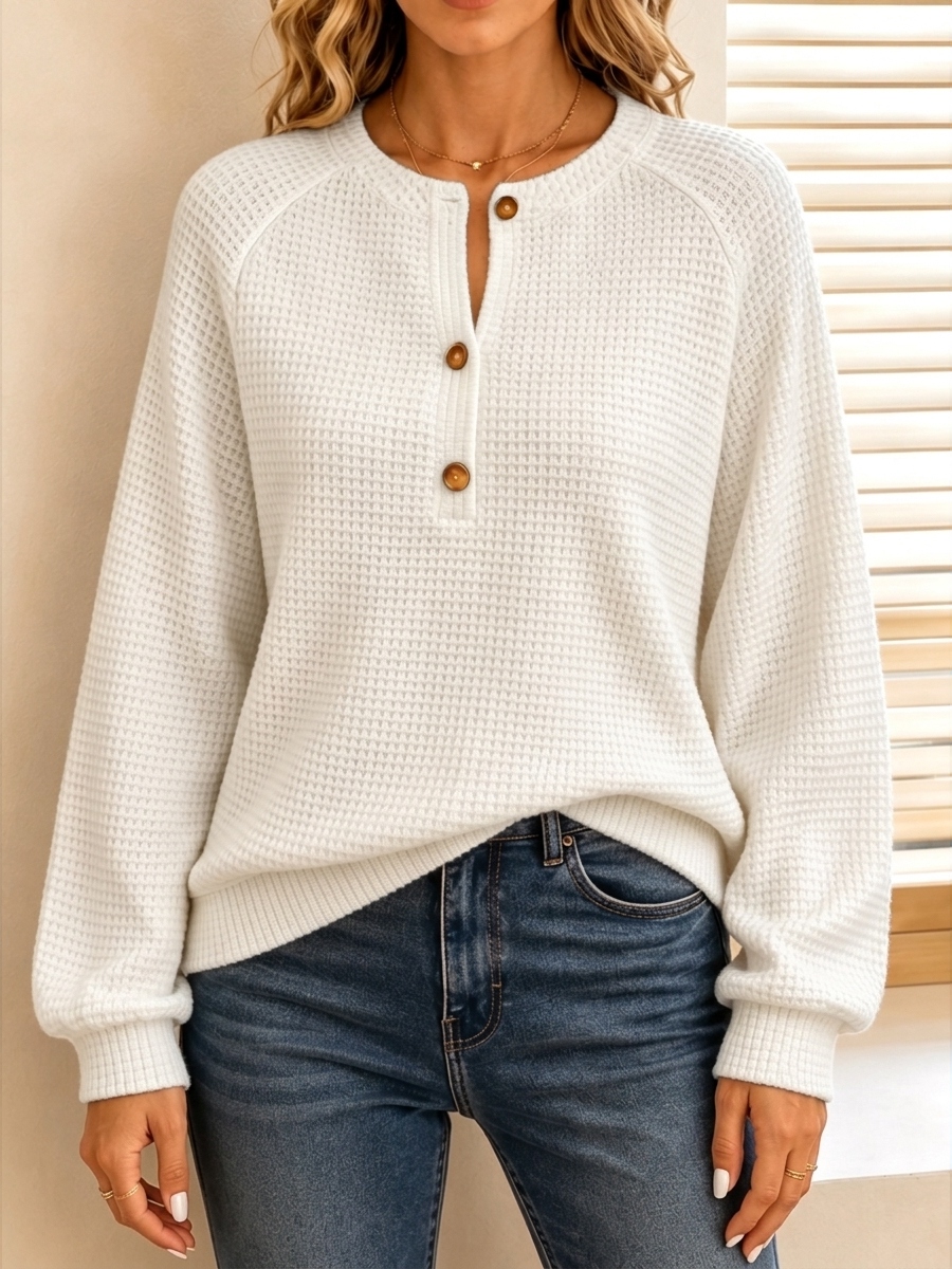 New Arrival🔥 Women's Casual Waffle Knit Henley Long Sleeve Sweater