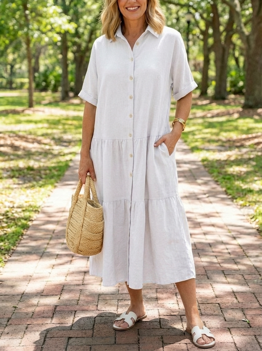 New Arrivals 🔥 Women's Comfortable Lapel Button Loose Linen and Cotton Dress