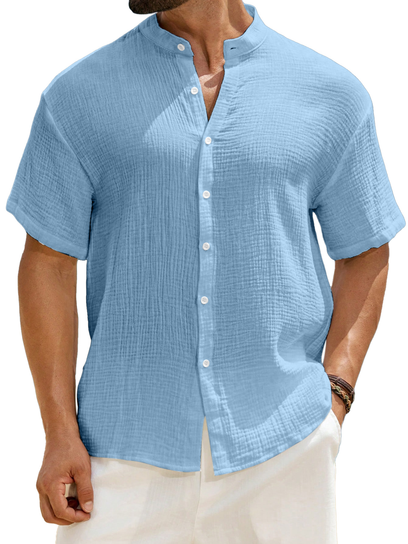 Men's Casual Solid Color Breathable Pleated Texture Stand Collar Short-sleeved Button-down Shirt