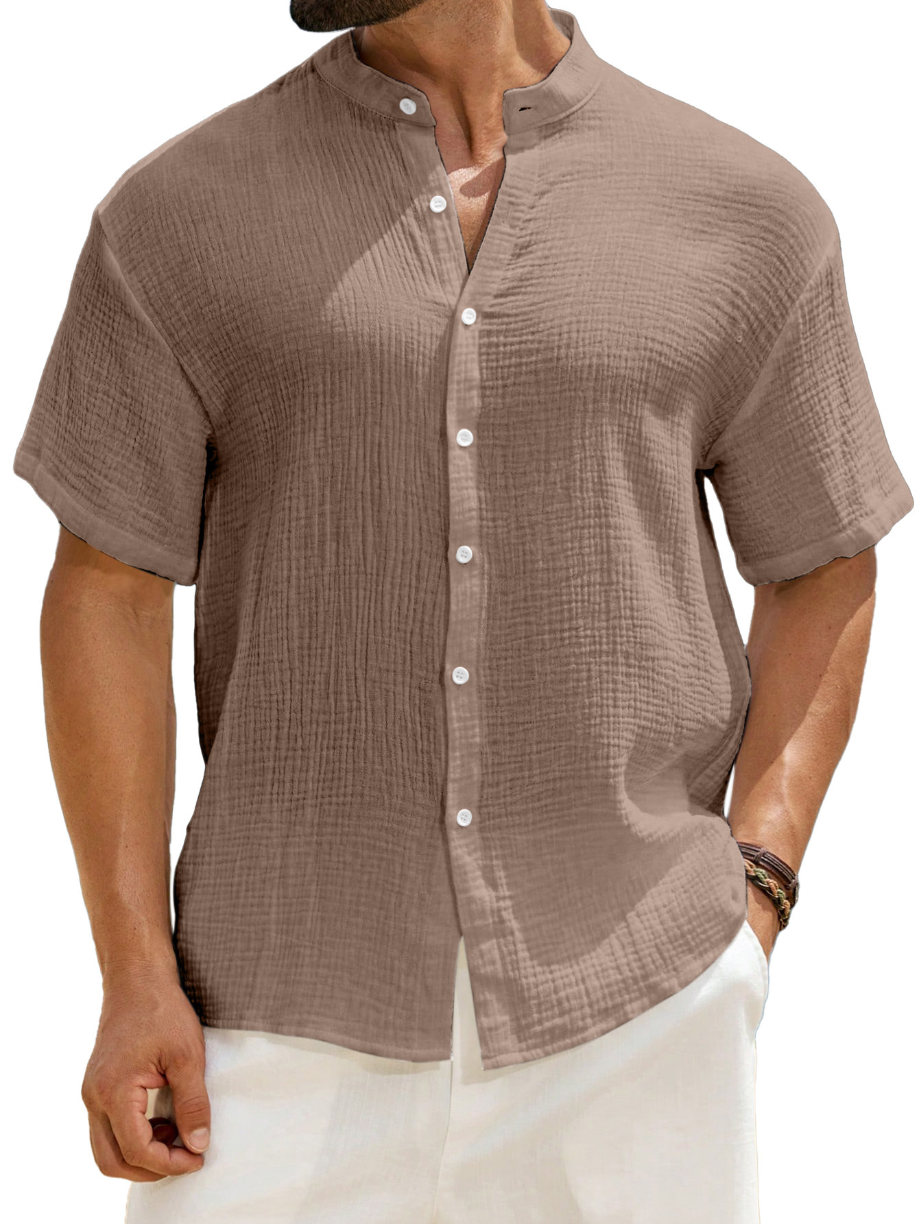 Men's Casual Solid Color Breathable Pleated Texture Stand Collar Short-sleeved Button-down Shirt