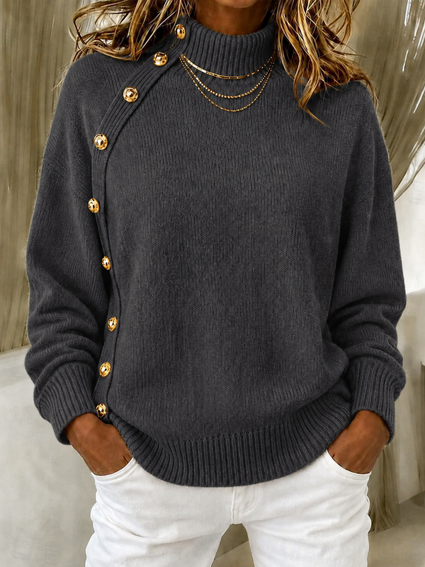 CLEARANCE SALE🔥Women's Elegant Crimson Asymmetrical Button Turtleneck Sweater