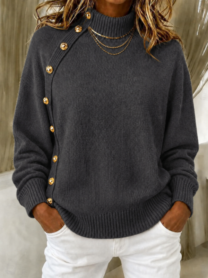 CLEARANCE SALE🔥Women's Elegant Crimson Asymmetrical Button Turtleneck Sweater