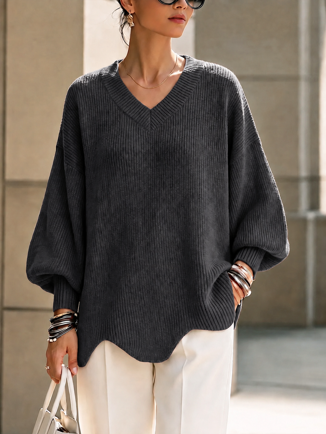CLEARANCE SALE🔥Women's Solid Color V-neck Long-sleeved Casual Loose Pullover Knit Sweater