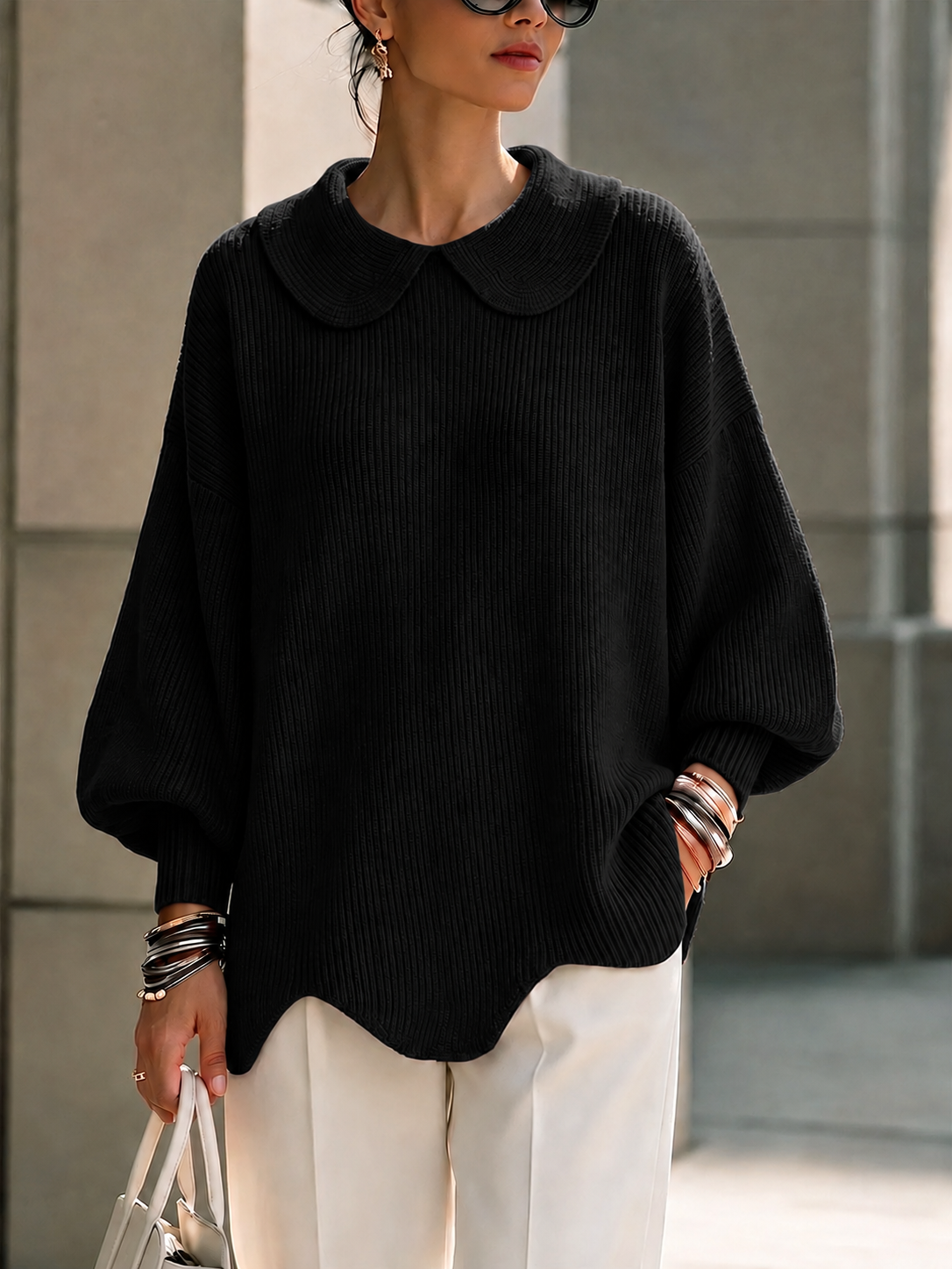 CLEARANCE SALE🔥Women's Solid Color Peter Pan Collar Long Sleeve Casual Loose Pullover Knit Sweater