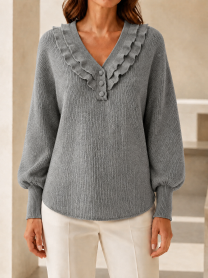  New Arrivals🔥Women’s Ruffle V-Neck Button-Detail Knit Sweater with Balloon Sleeves