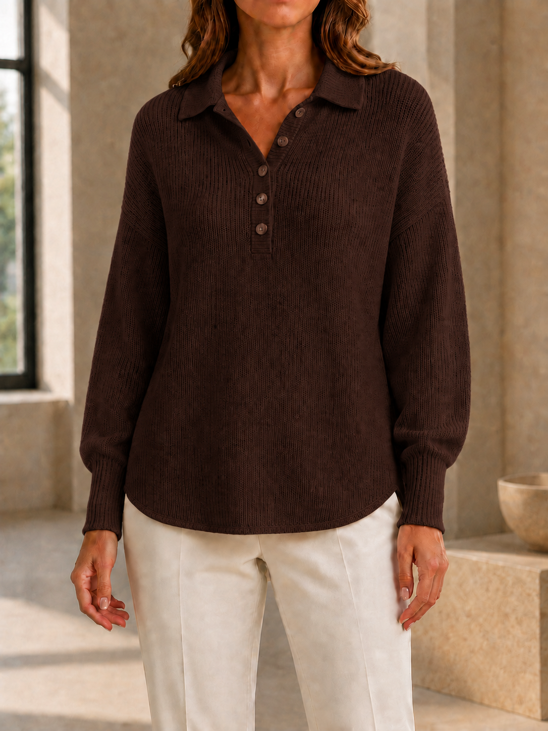 New Arrivals🔥Women’s Casual Polo Collar Button-Detail Knit Sweater with Relaxed Fit