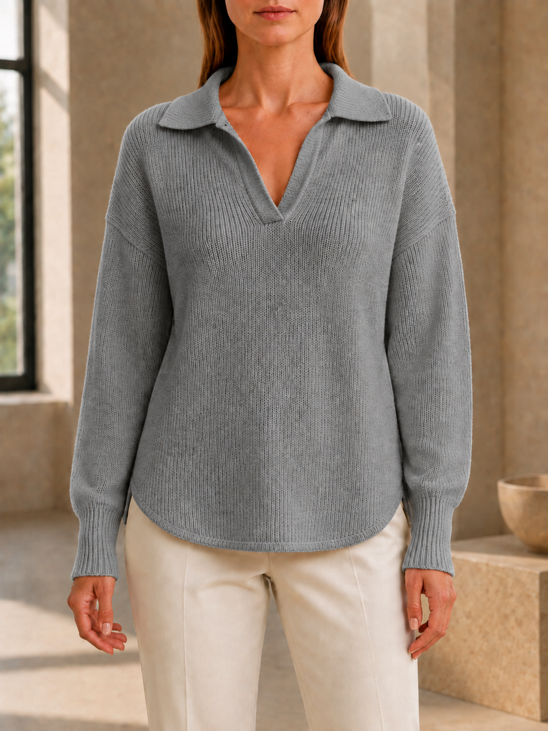 New Arrivals🔥Women’s Relaxed Polo Collar V-Neck Long Sleeve Knit Sweater