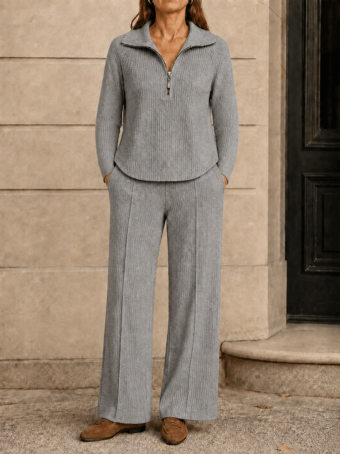 New Arrival 🔥Women’s Quarter-Zip Textured Knit Sweater and Straight-Leg Pants Two-Piece Set