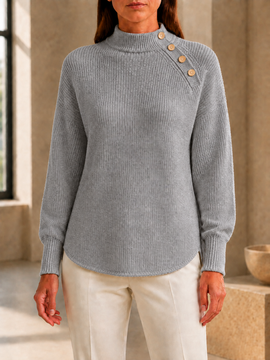 CLEARANCE SALE🔥Women’s Mock Neck Button-Detail Relaxed Fit Knit Sweater