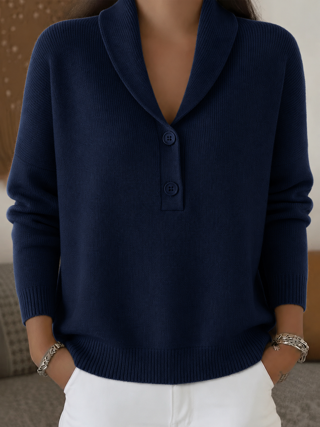 CLEARANCE SALE🔥Women’s Shawl Collar Button-Detail Relaxed Fit Knit Sweater