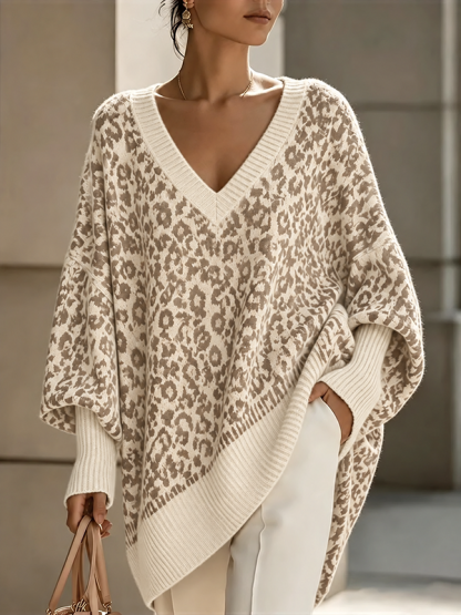 New Arrival🔥Women’s Leopard Print V Neck Oversized Knit Poncho Sweater