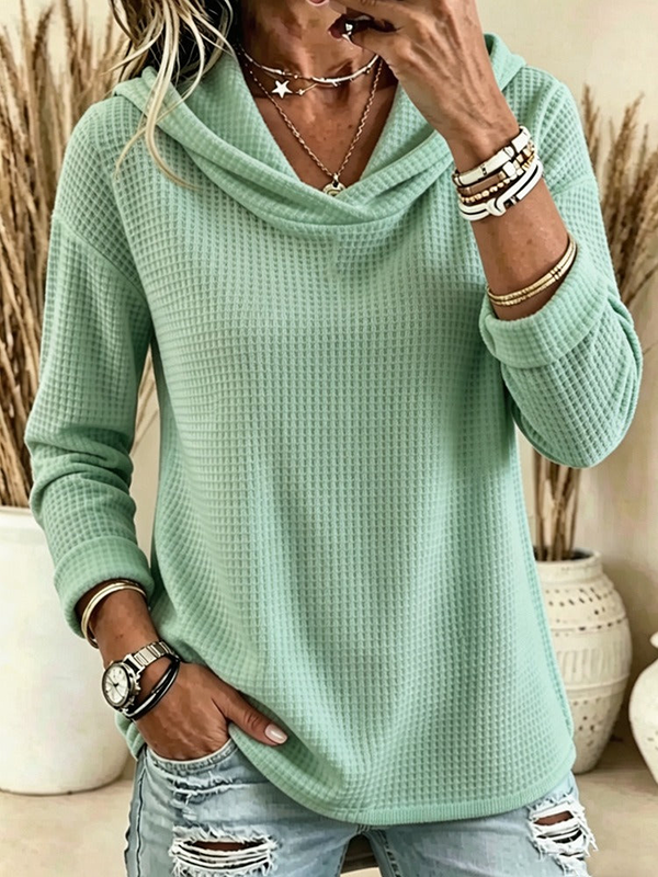 CLEARANCE SALE💥Women's Waffle Knit Cowl Neck Hoodie Top