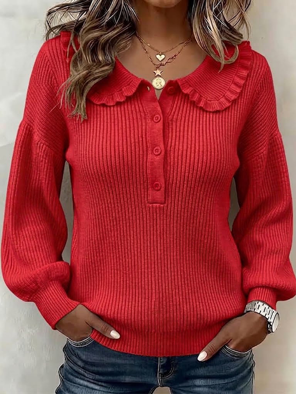 CLEARANCE SALE💥Ruffled Ribbed Knit Sweater With Partial Button Placket