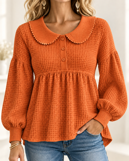 CLEARANCE SALE🔥Women’s Waffle Knit Peter Pan Collar Babydoll Henley Top