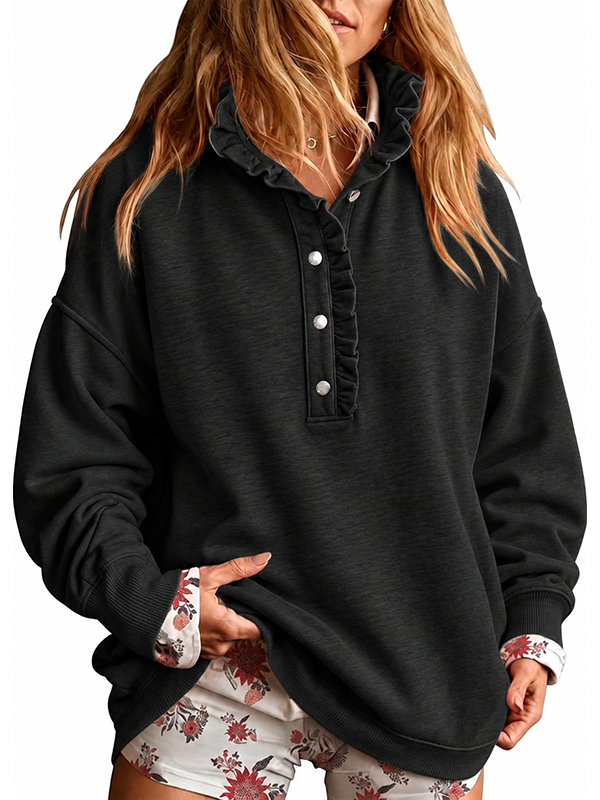 Women’s Ruffle Collar Henley Button Relaxed Fit Sweatshirt