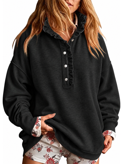Women’s Ruffle Collar Henley Button Relaxed Fit Sweatshirt