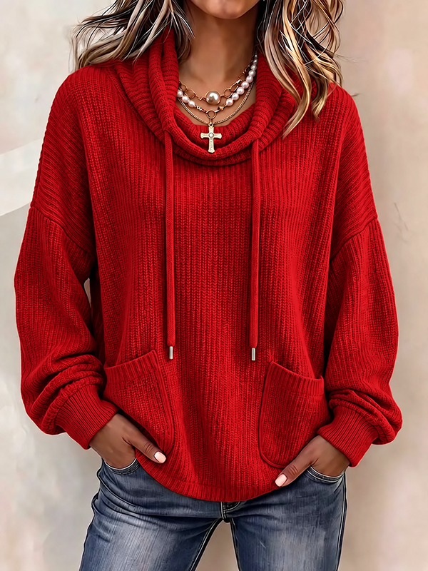 CLEARANCE SALE🔥Women’s Cowl Neck Drawstring Ribbed Knit Pullover Sweater with Pockets