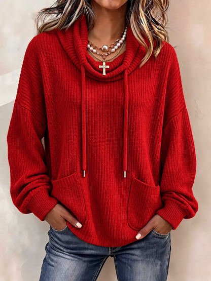CLEARANCE SALE🔥Women’s Cowl Neck Drawstring Ribbed Knit Pullover Sweater with Pockets