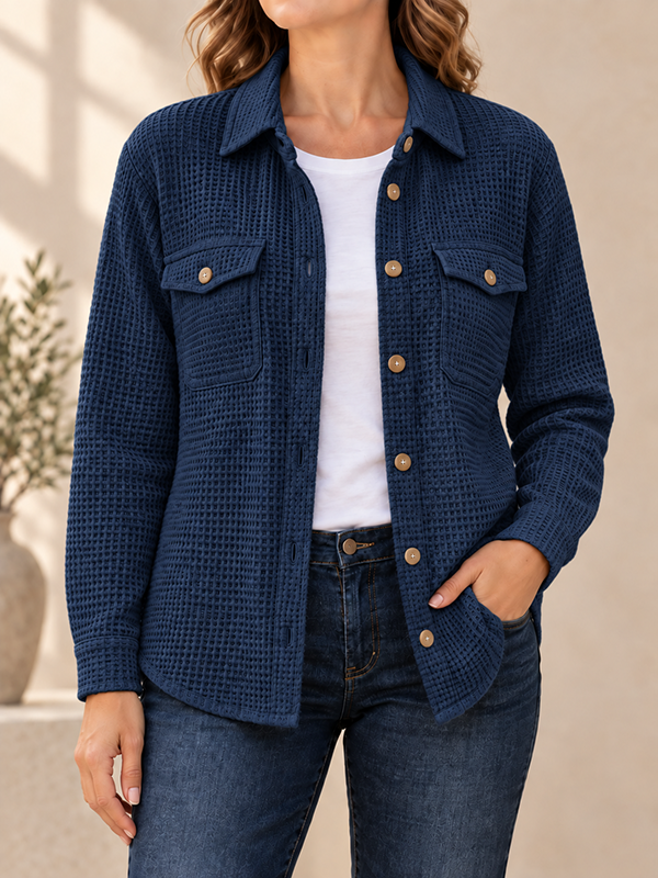 CLEARANCE SALE🔥Women’s Textured Waffle Knit Button Front Collared Shacket with Flap Pockets