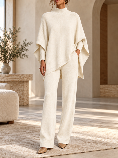 Women’s Turtleneck Asymmetrical Poncho Sweater and Straight-Leg Pants Two-Piece Set