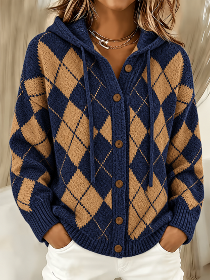 CLEARANCE SALE🔥 Women’s Argyle Hooded Button Front Knit Cardigan Sweater