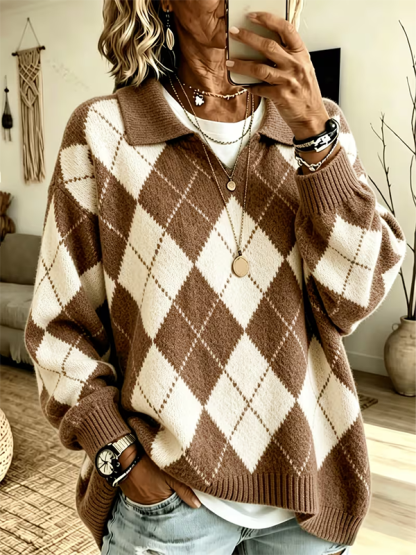 CLEARANCE SALE💥Women’s Argyle Polo Collar Relaxed Fit Knit Pullover Sweater
