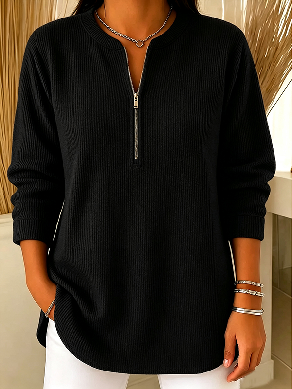 New Arrival 🔥Women’s Half-Zip Ribbed Knit Relaxed Fit Long Sleeve Pullover Top