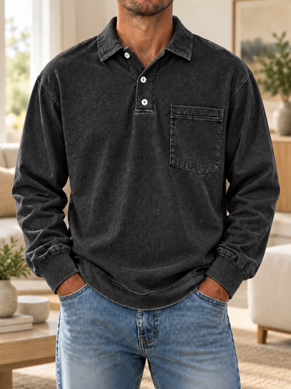 Men’s Vintage Washed Polo Collar Long Sleeve Pullover Shirt with Chest Pocket