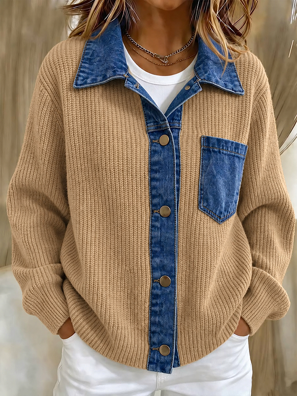 New Arrival 🔥Women’s Contrast Denim Collar Button Front Knit Cardigan with Chest Pocket