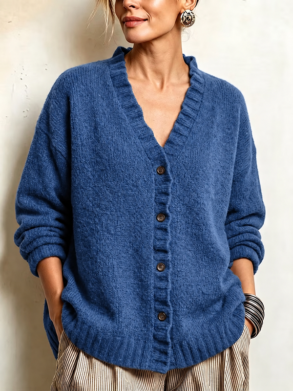 CLEARANCE SALE🔥Women’s Ruffle Trim V-Neck Button-Front Textured Knit Cardigan Sweater