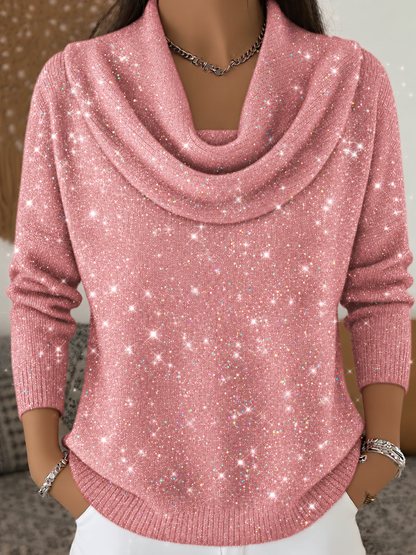 CLEARANCE SALE🔥Women’s Shimmer Cowl Neck Sparkle Knit Relaxed Fit Sweater