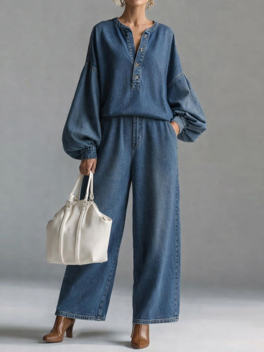 ⏰ LAST DAY SAVE 49% 💥Women’s Casual V-Neck Long Sleeve Denim Top with High-Waist Wide-Leg Jeans Set