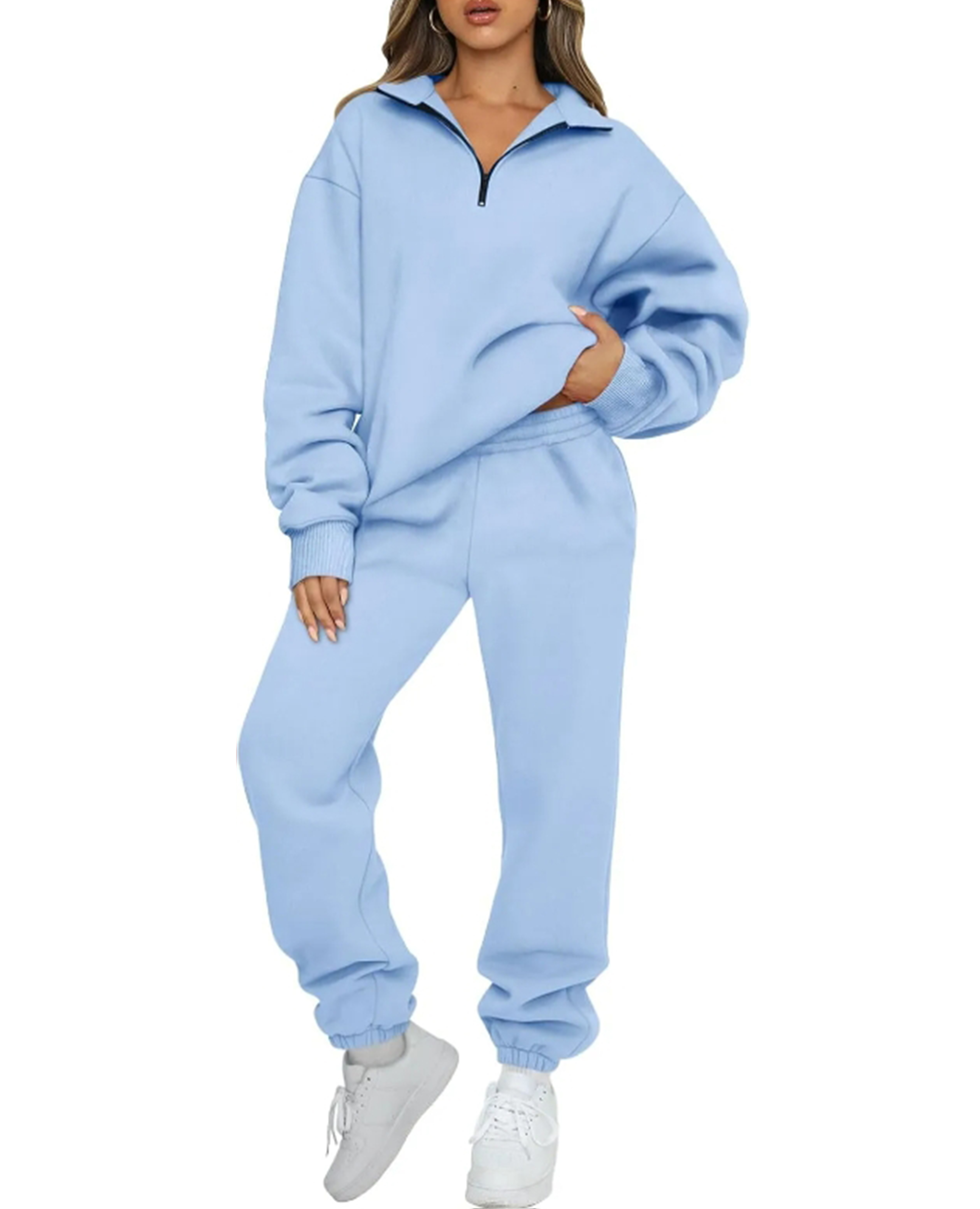 💖 New 💃 Women's Sweatsuits 2 Piece Outfits Long Sleeve Half Zip Pullover and Baggy Sweatpants with Pockets