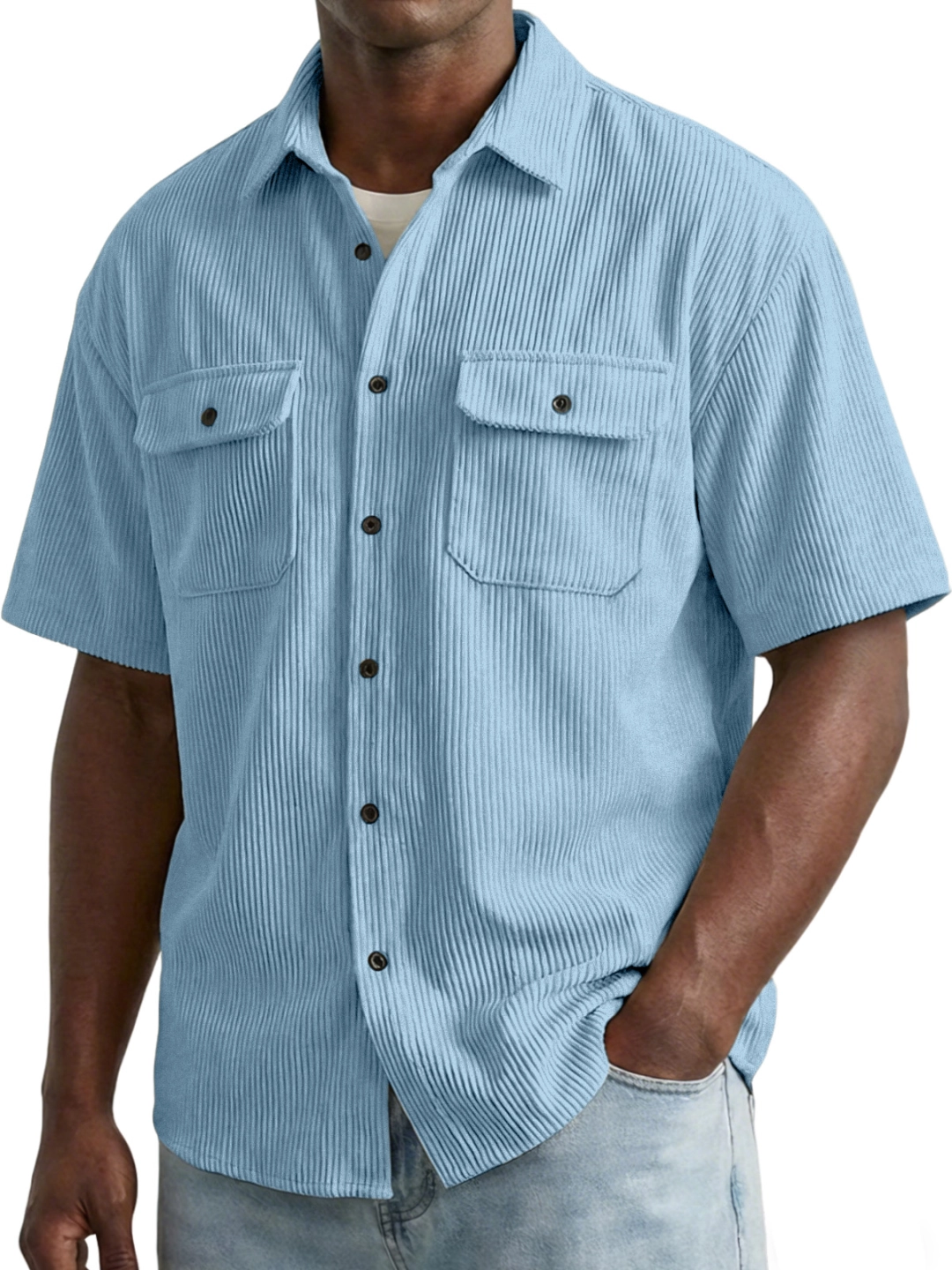 Men's Retro Solid Color Vertical Ribbed Double Pocket Short-Sleeve Shirt