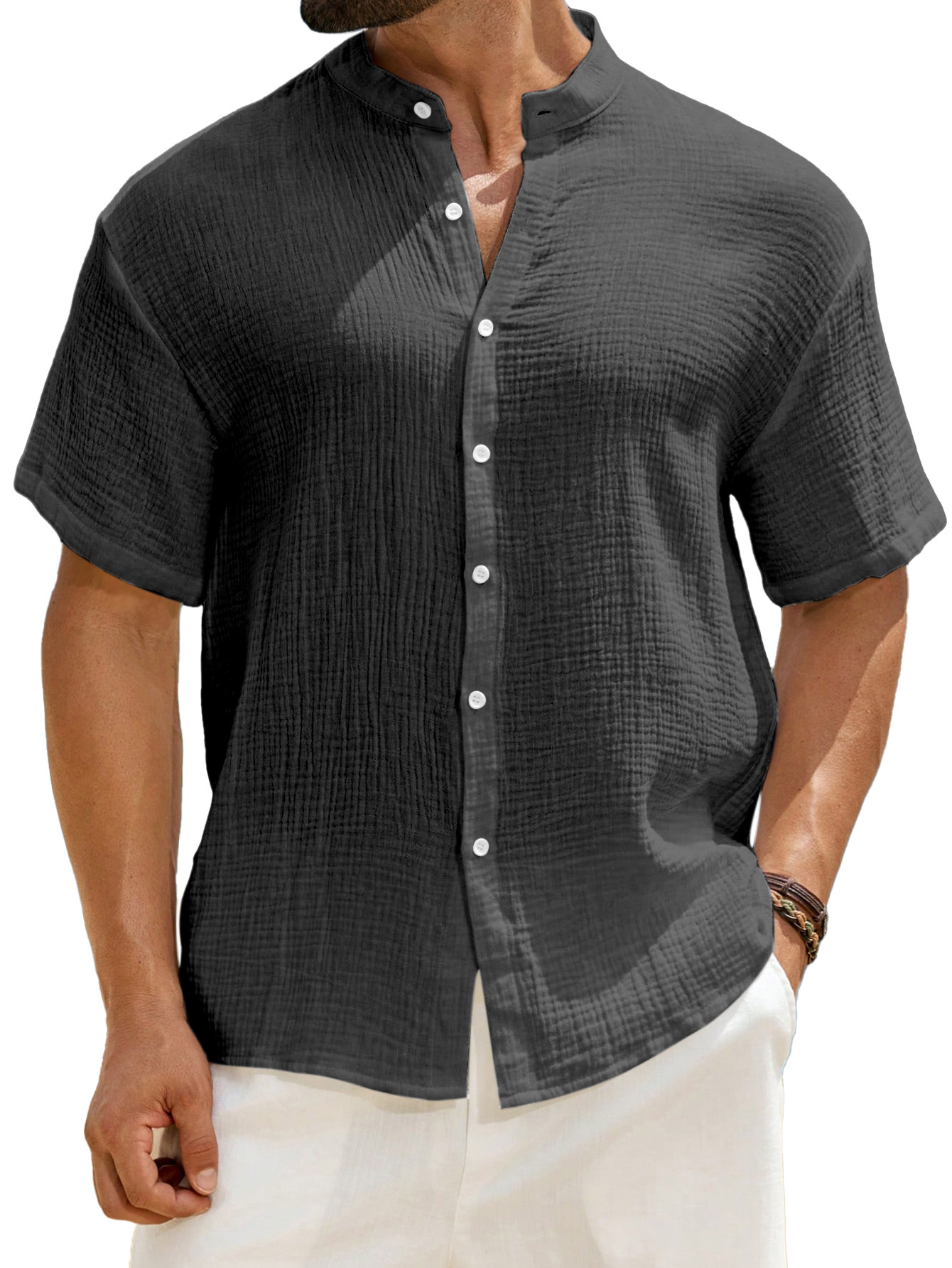 Men's Casual Solid Color Breathable Pleated Texture Stand Collar Short-sleeved Button-down Shirt