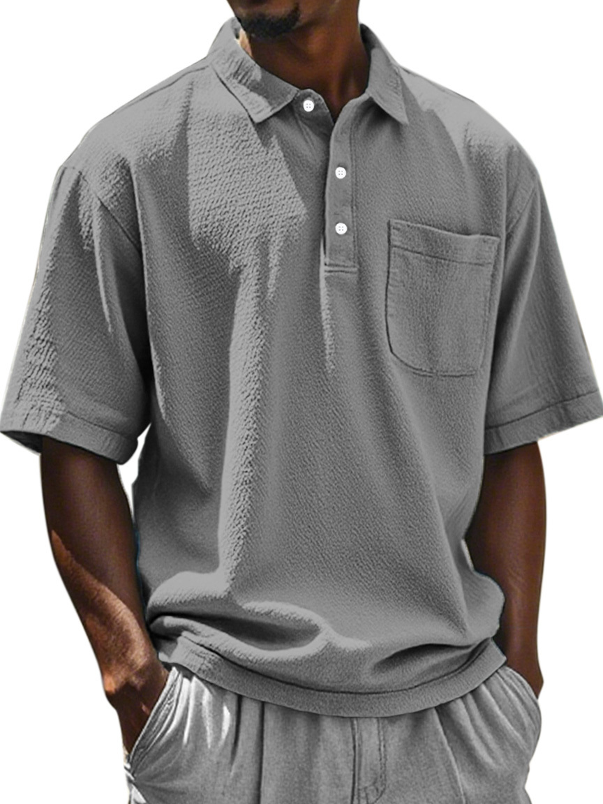 Men's Daily Solid Color Textured Lapel Short-sleeved Polo Shirt