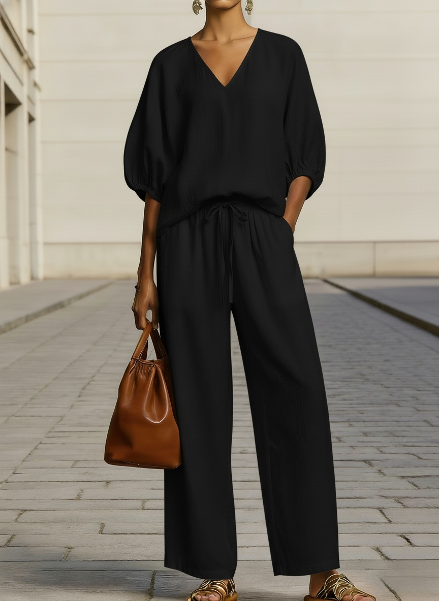 Women's Minimalist Casual Cotton-linen V-neck Set
