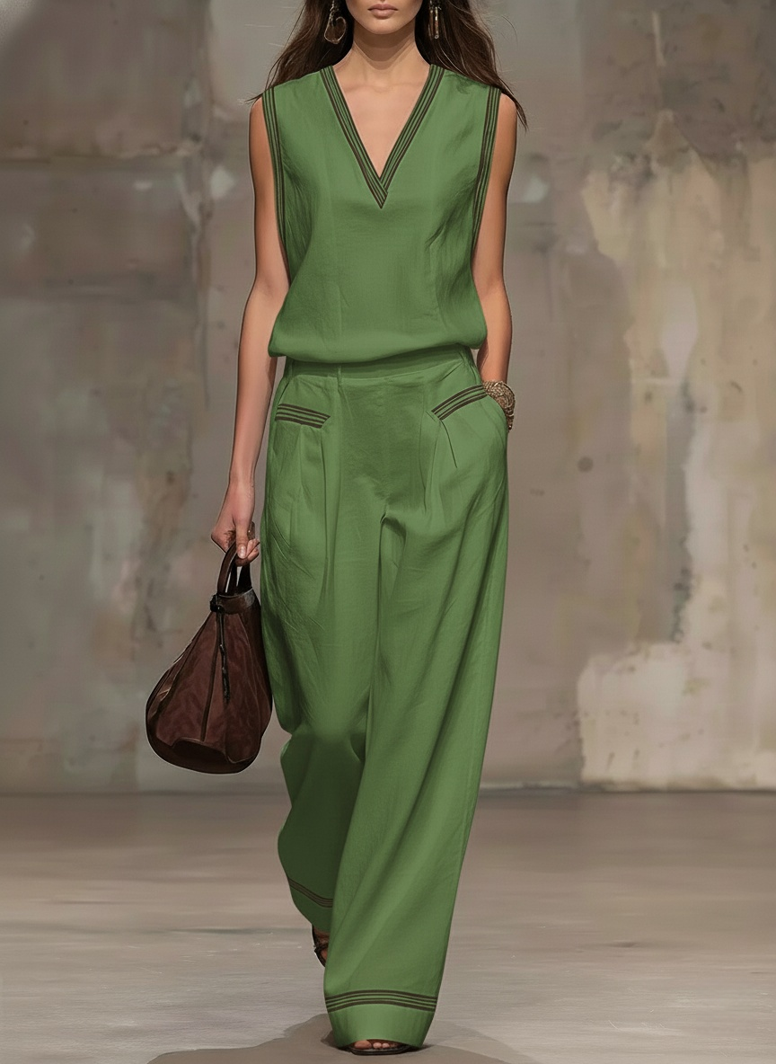 Casual Retro Brown-trimmed White Cotton Linen Sleeveless Top And Pants Set