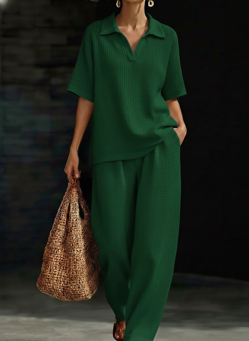 New Arrivals🔥Women's Solid-Color V-Neck Short-Sleeve Casual Waffle-Knit Cotton Top and High-Waisted Wide-Leg Pants Set