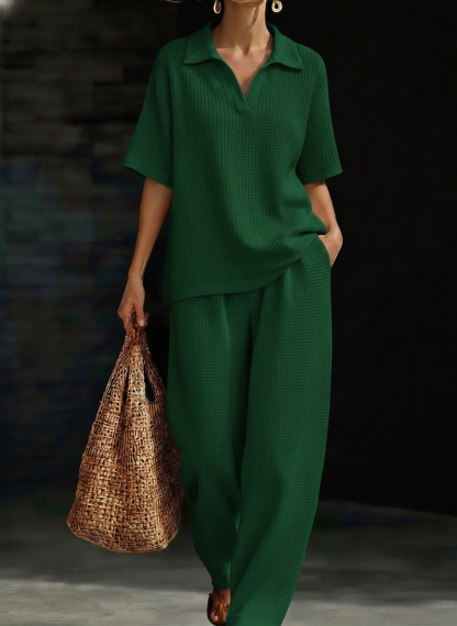 New Arrivals🔥Women's Solid-Color V-Neck Short-Sleeve Casual Waffle-Knit Cotton Top and High-Waisted Wide-Leg Pants Set