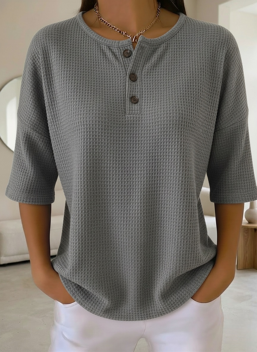 New Arrivals🔥Women's Casual Waffle Henry Collar 4/3 Sleeves T-shirt