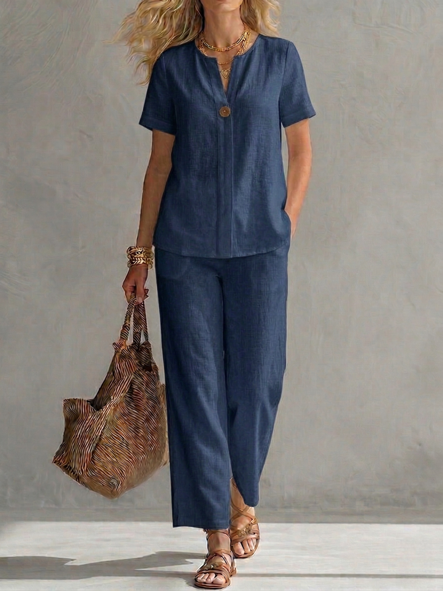 New Arrivals🔥Women's Cotton-Linen Short-Sleeve V-Neck Top and Trousers Set